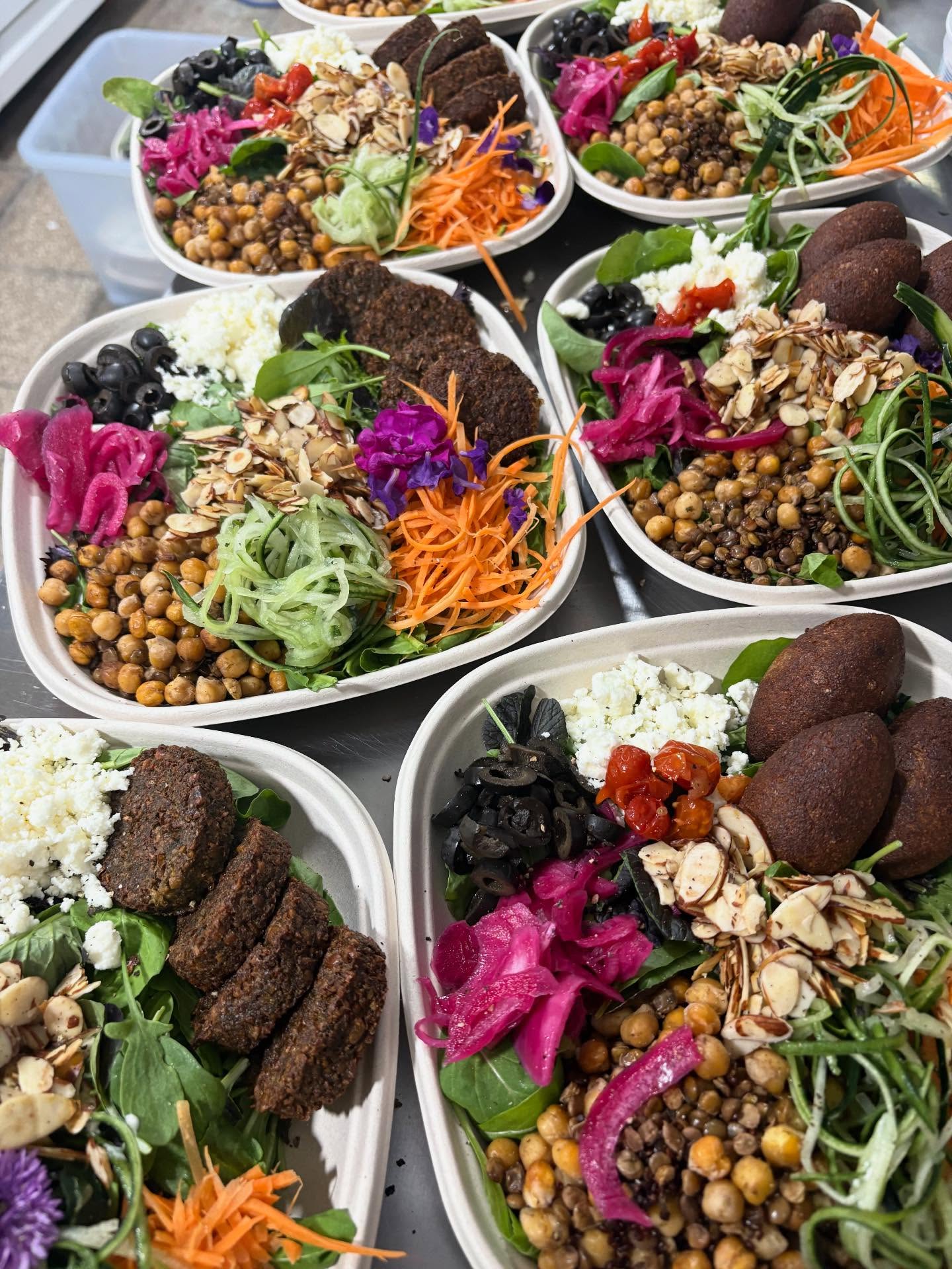 MezzeBowls individuales con falafel, kibbeh, garbanzos y vegetales